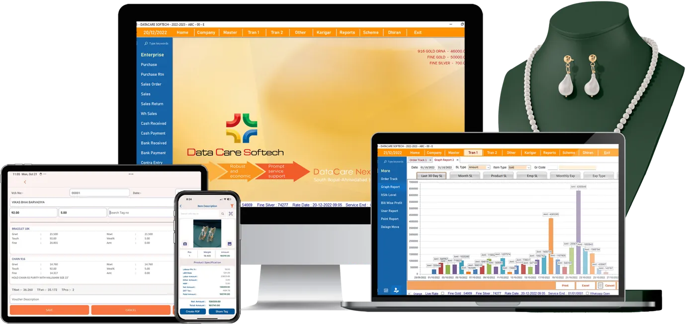 DataCare Next jewellery software connected to barcode printer, scanner, RFID and weighing scale