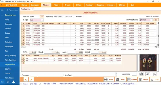 DataCare Next jewellery software – Opening stock & tag entry screen