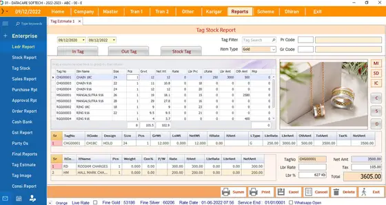 DataCare Next jewellery software – Tag stock report with images screen