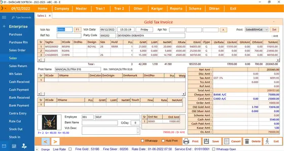 DataCare Next jewellery software – Gold tax invoice (sales) screen