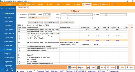 DataCare Next jewellery software – GST report (GSTR) screen