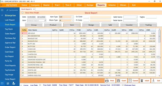 DataCare Next jewellery software – Stock report screen