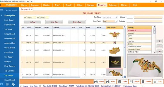 DataCare Next jewellery software – Tag image report screen