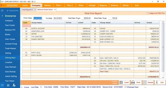 DataCare Next jewellery software – Total fine report screen