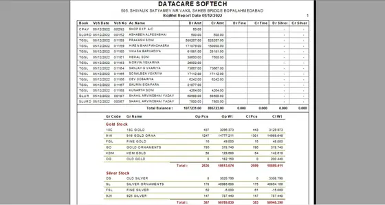 DataCare Next jewellery software – Rojmel with stock summary screen