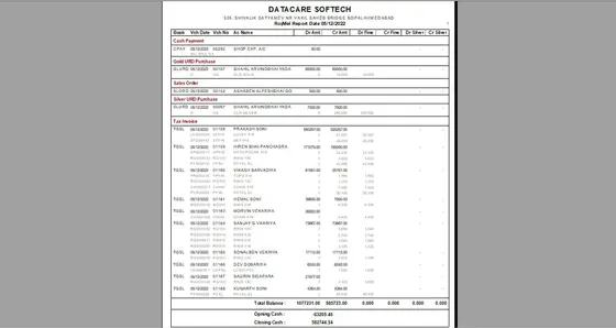 DataCare Next jewellery software – Day book print screen