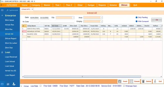 DataCare Next jewellery software – Girvi interest report screen
