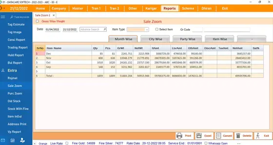 DataCare Next jewellery software – Sale zoom (month / city / party) screen