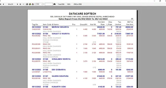 DataCare Next jewellery software – Sales report print screen