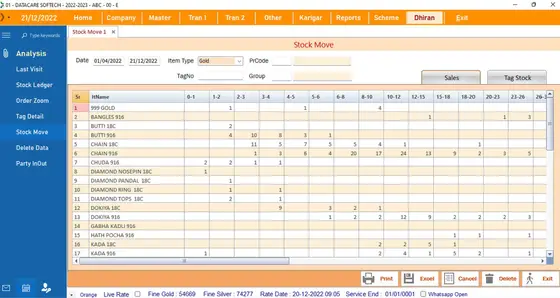 DataCare Next jewellery software – Weight-range stock movement screen