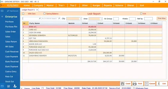 DataCare Next jewellery software – Ledger report screen