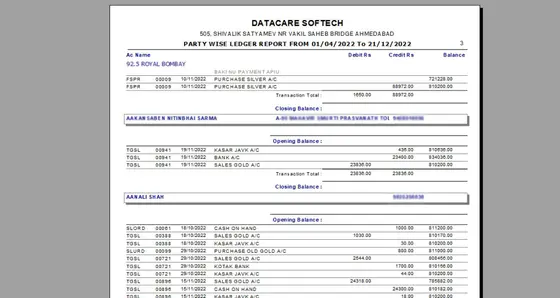 DataCare Next jewellery software – Party-wise ledger print screen