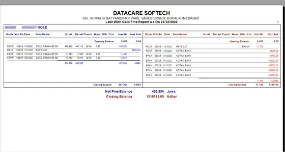 DataCare Next jewellery software – Ledger with gold fine screen