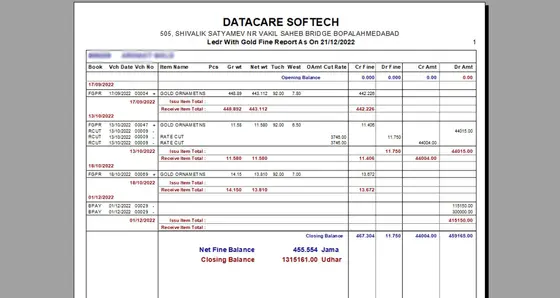 DataCare Next jewellery software – Gold fine ledger print screen