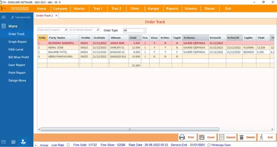 DataCare Next jewellery software – Order tracking screen
