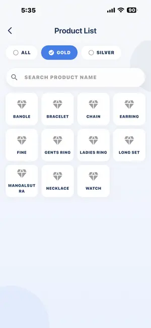 DataCare jewellery mobile app – Product list