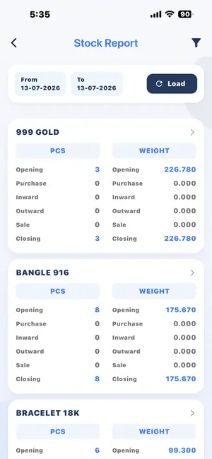 DataCare jewellery mobile app – Stock report