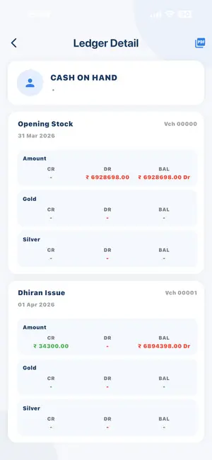 DataCare jewellery mobile app – Ledger detail – gold & silver