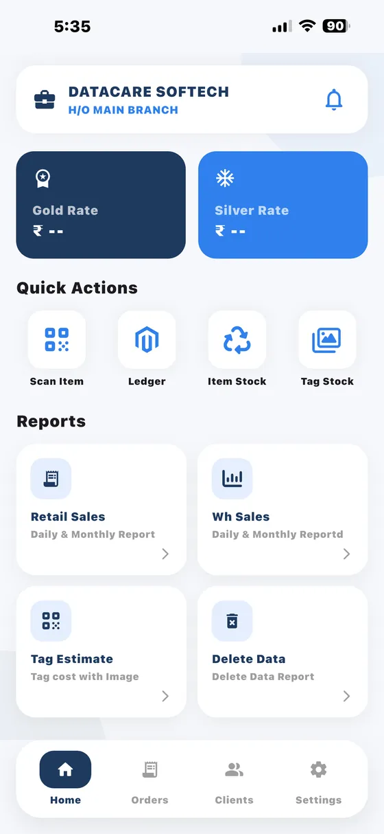 DataCare jewellery mobile app for owners showing gold rate, silver rate and reports
