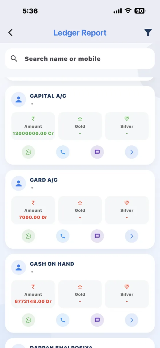 DataCare jewellery mobile app – Ledger report