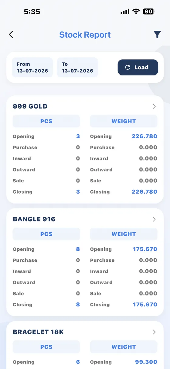 DataCare jewellery mobile app – Stock report