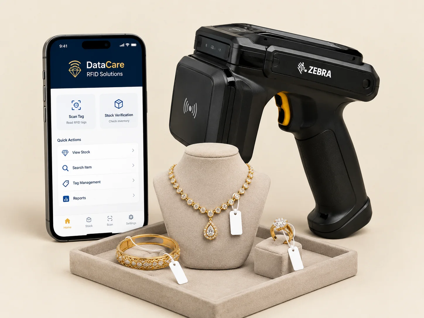 DataCare RFID solution – Zebra handheld RFID reader, RFID-tagged jewellery and the DataCare RFID mobile app