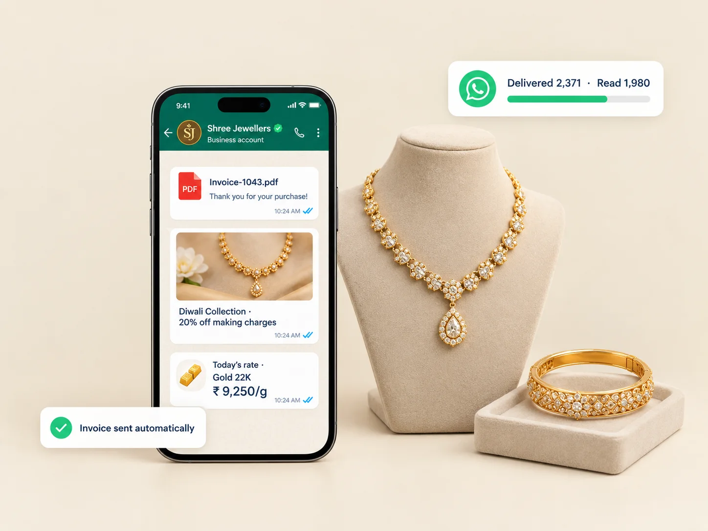 WhatsApp Business API from DataCare Next – invoice PDF, Diwali offer and gold rate messages sent to a jewellery customer